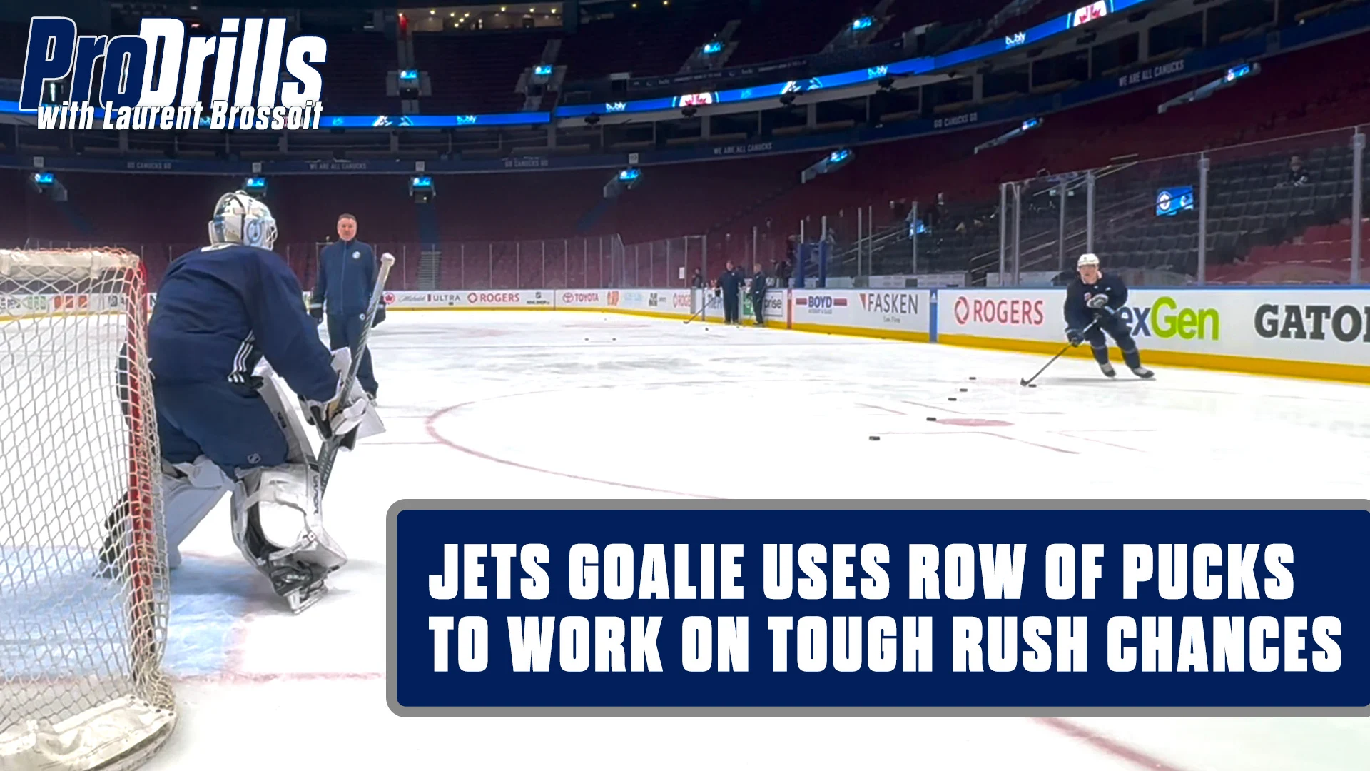 Laurent Brossoit and Goalie Coach Wade Flaherty with Drill for Rush Chances